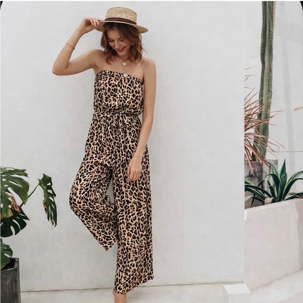 Leopard Print Wide Leg Jumpsuit Strapless Safari Summer Light Women’s Size Small